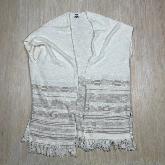 Old Navy Beige Cream Fringe Open Front Poncho Cardigan XL-XXL Boho Knit Wrap - Picture 1 of 13